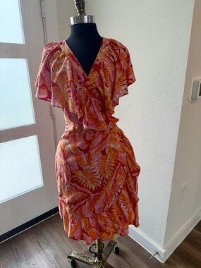 Gibson Latimer Pink & Orange Leaf-Print Midi Wrap Dress